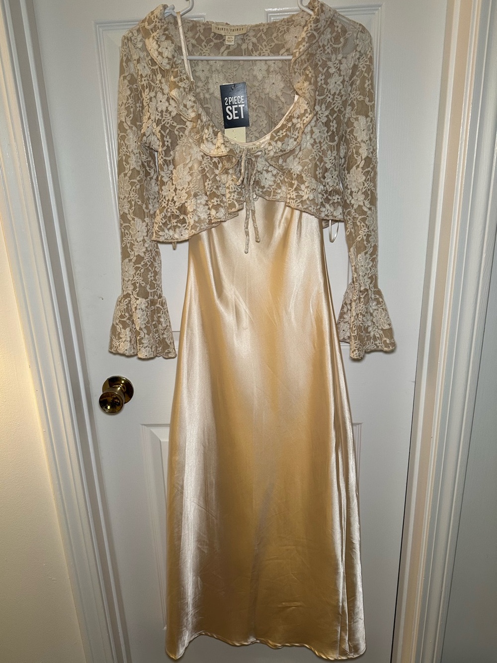Lace Bolero Overlay Satin Slip Dress - Cream